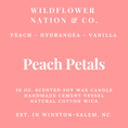 Load image into Gallery viewer, A square pink label with white text reading 'WILDFLOWER NATION & CO.' and 'Peach Petals,' plus scent notes 'PEACH - HYDRANGEA - VANILLA' and product details for a 10 oz.