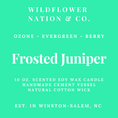 Load image into Gallery viewer, A mint green product label for a Wildflower Nation & Co. candle, featuring white text that reads 'Ozone - Evergreen - Berry' and 'Frosted Juniper' with additional product details below.
