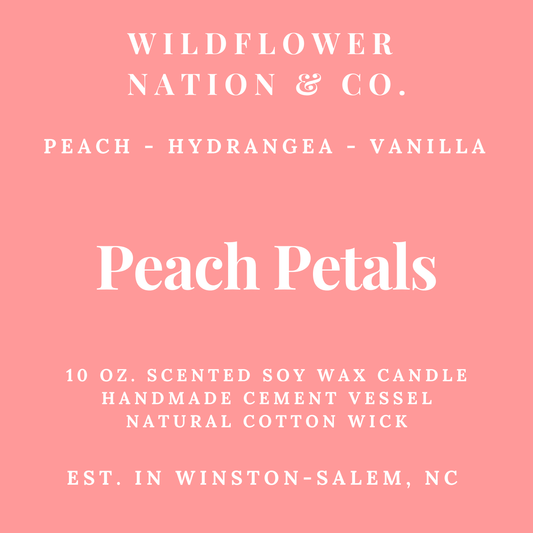 A square pink label with white text reading 'WILDFLOWER NATION & CO.' and 'Peach Petals,' plus scent notes 'PEACH - HYDRANGEA - VANILLA' and product details for a 10 oz.