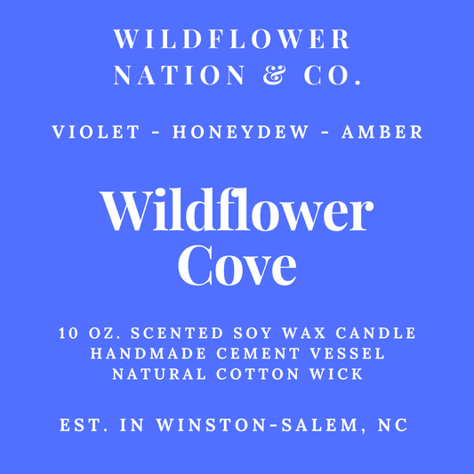 Blue and white product label for a Wildflower Nation & Co. scented soy wax candle, variant Violet - Honeydeew - Amber, titled Wildflower Cove.